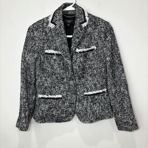 Talbots Gray Tweed Blazer Jacket 4p Fringe Crest Career Old Money Prep Academia